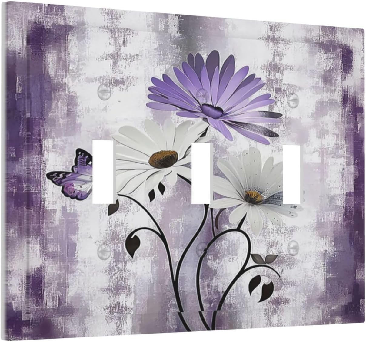 Light Switch Covers Purple Daisy White Floral Butterfly Flowers 3 Gang Wall Plates Triple Toggle Outlet Cover Decorative Switchplates Electrical Panel Cover for Kitchen Living Room 4.8 X 6.7 IN