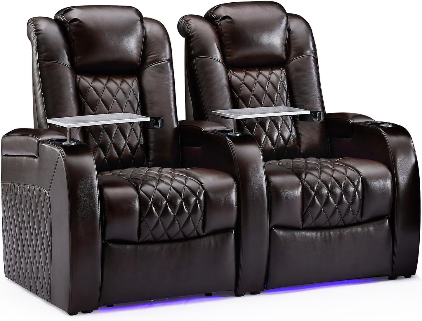 Weilianda Home Theater Seating Top Grain Leather Zero Gravity Recliner Chair Power Headrest Recline Movie Seat Gaming 7 Colors Mood Light Sofa with Tray Table USB Charge Row of 2 Brown