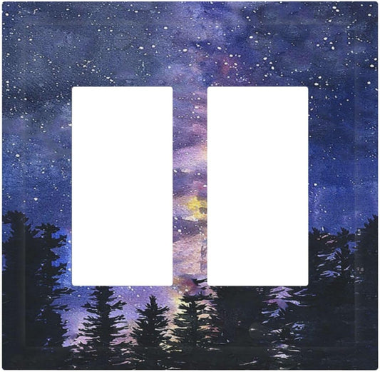 Decorative Outlet Covers Dream Milky Way Starry Forest Pine Watercolor Painting 2 Gang Double GFCI Rocker Electrical Wall Panels Light Switch Cover Plate for Bedroom Home Decor