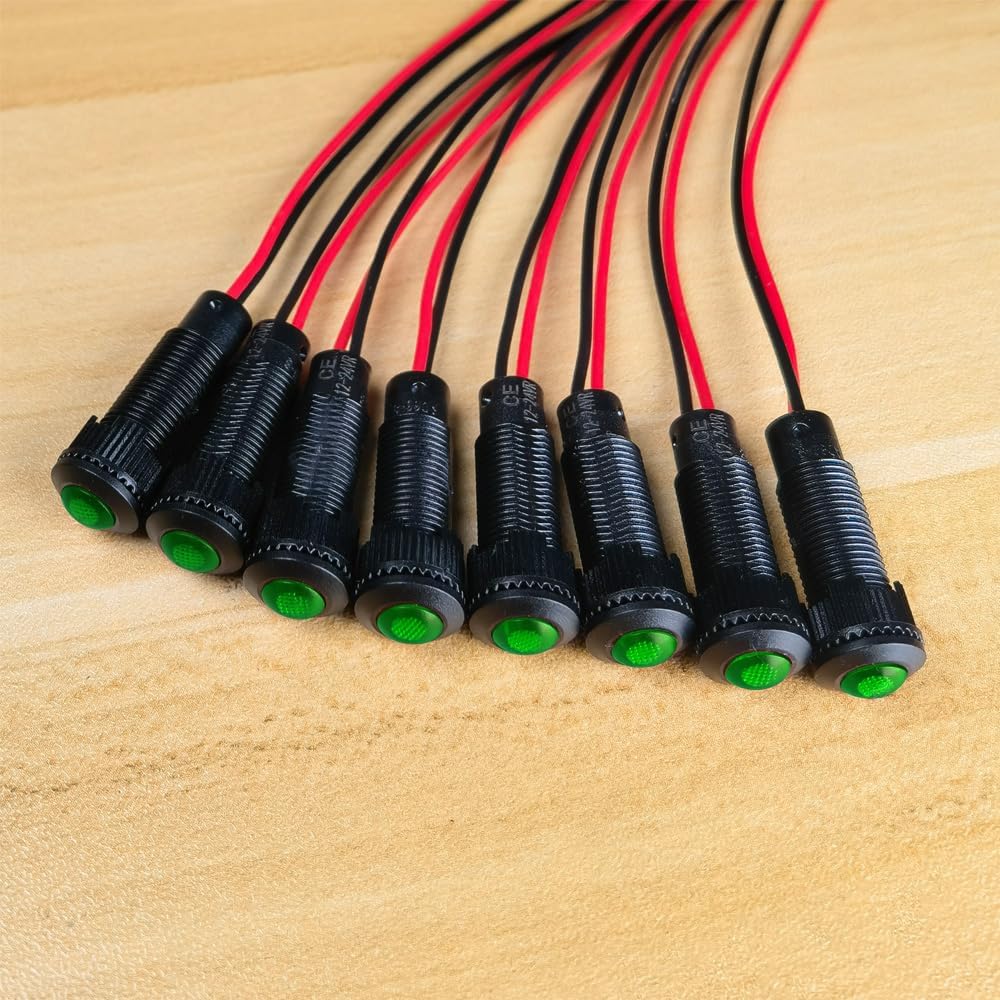8pcs Green LED Indicator Pilot Light AC/DC 12-24V Mounting Hole Size 8mm(Flame Retardant Plastic Shell)