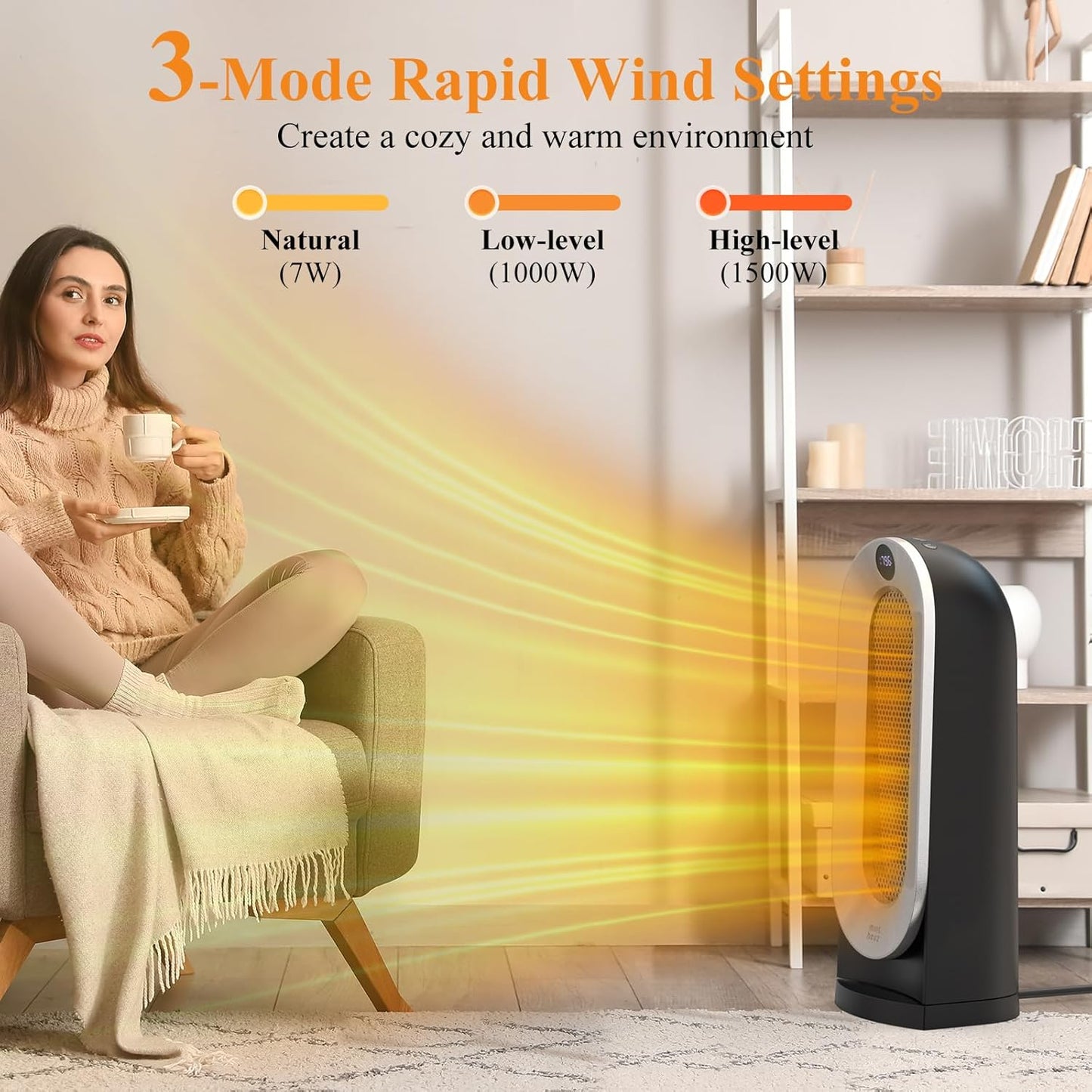 Minthouz Space Heater, 1500W Electric Portable Heaters for Indoor Use with Thermostat, Fast Heating, 70° Oscillating, 3 Heat Settings, Carry Handle, 12H Timer Ceramic Heat for Office, Bedroom, Home