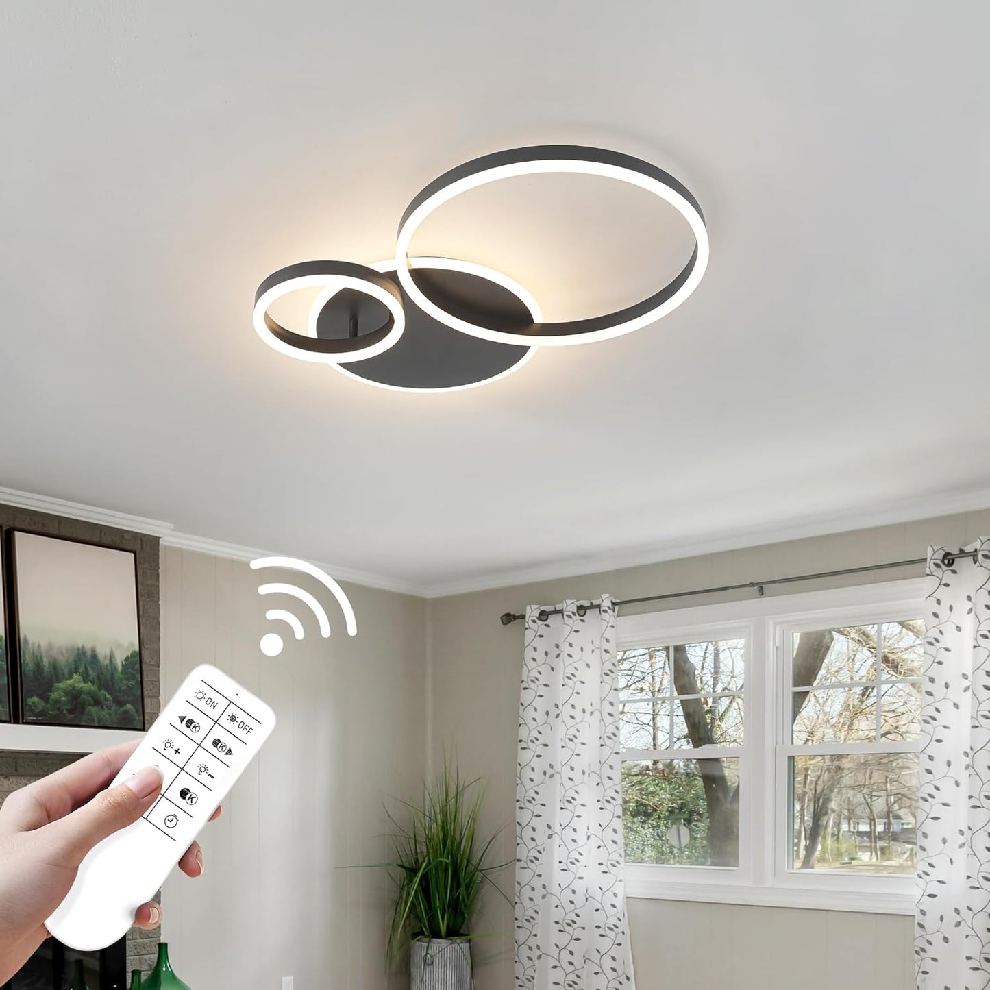 O'NEELDY Modern Dimmable LED Flush Mount Ceiling Light Remote Control Acrylic Ring Chandelier, 48W 3000K-6000K Adjustable, Black Fixture for Bedroom, Living Room, Dining Room, Kitchen and Hallway