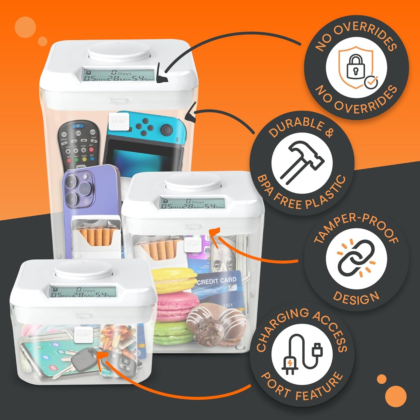 kSafe Time Locking Container Medium – Phone Lock Box, Snack Safe, Self-Control Timer Box, BPA-Free Plastic, No Overrides, 5.5” W x 5.5” H, White Lid, Clear Base