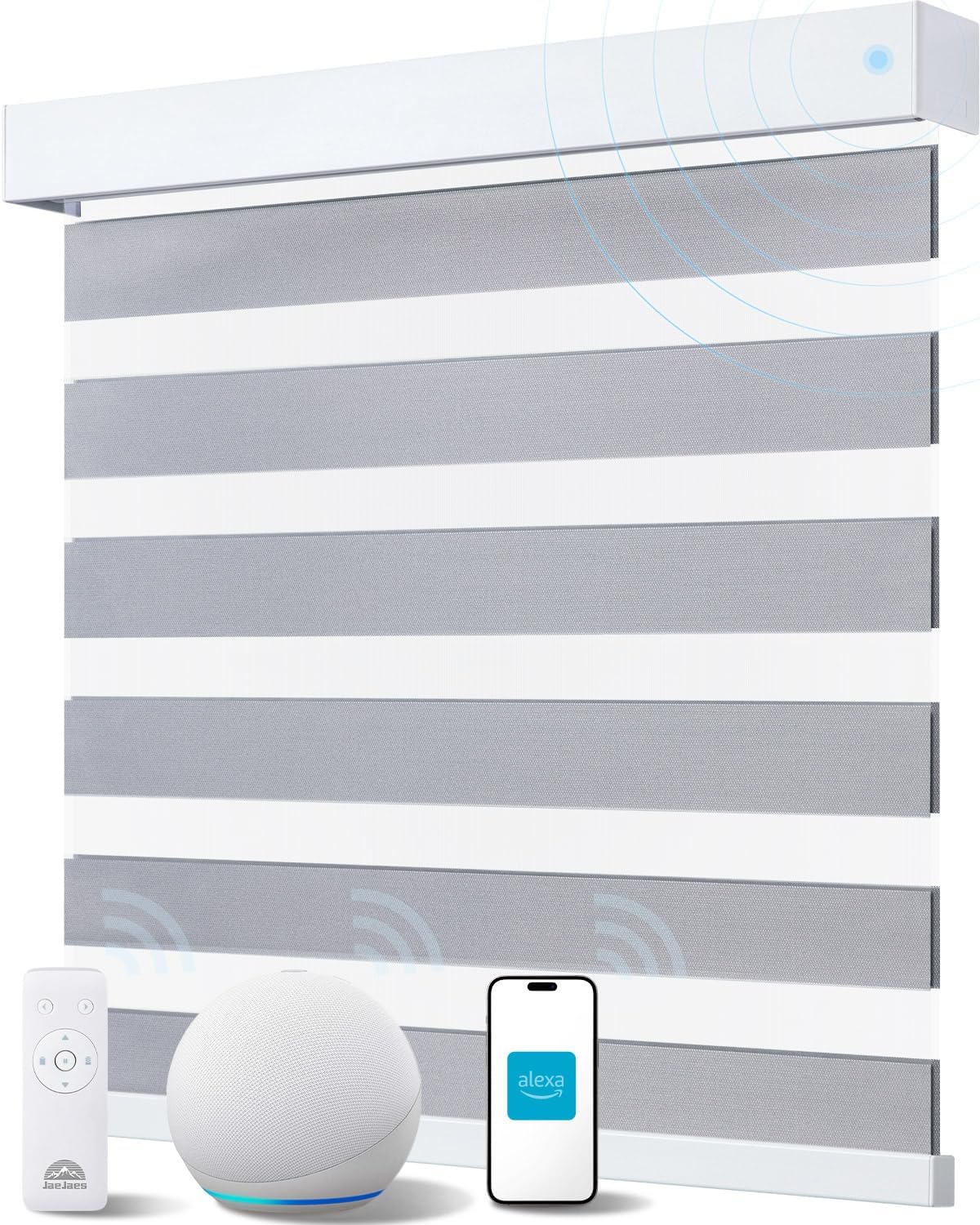 Smart Zebra Blinds for Windows, Alexa Motorized Blinds with Remote Control, Automatic Electric Power Zebra Shades for Indoor Windows (20" W x 72" H, Gray Fabric & White Shell)
