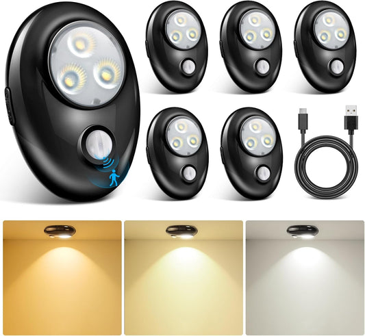 LightingWill Motion Sensor Puck Lights, Dimmable Under Cabinet Light, 3 Color Modes Closet Lights, Rechargeable Wireless Puck Lights for Kitchen, Closet, Stairs (6 Pack)