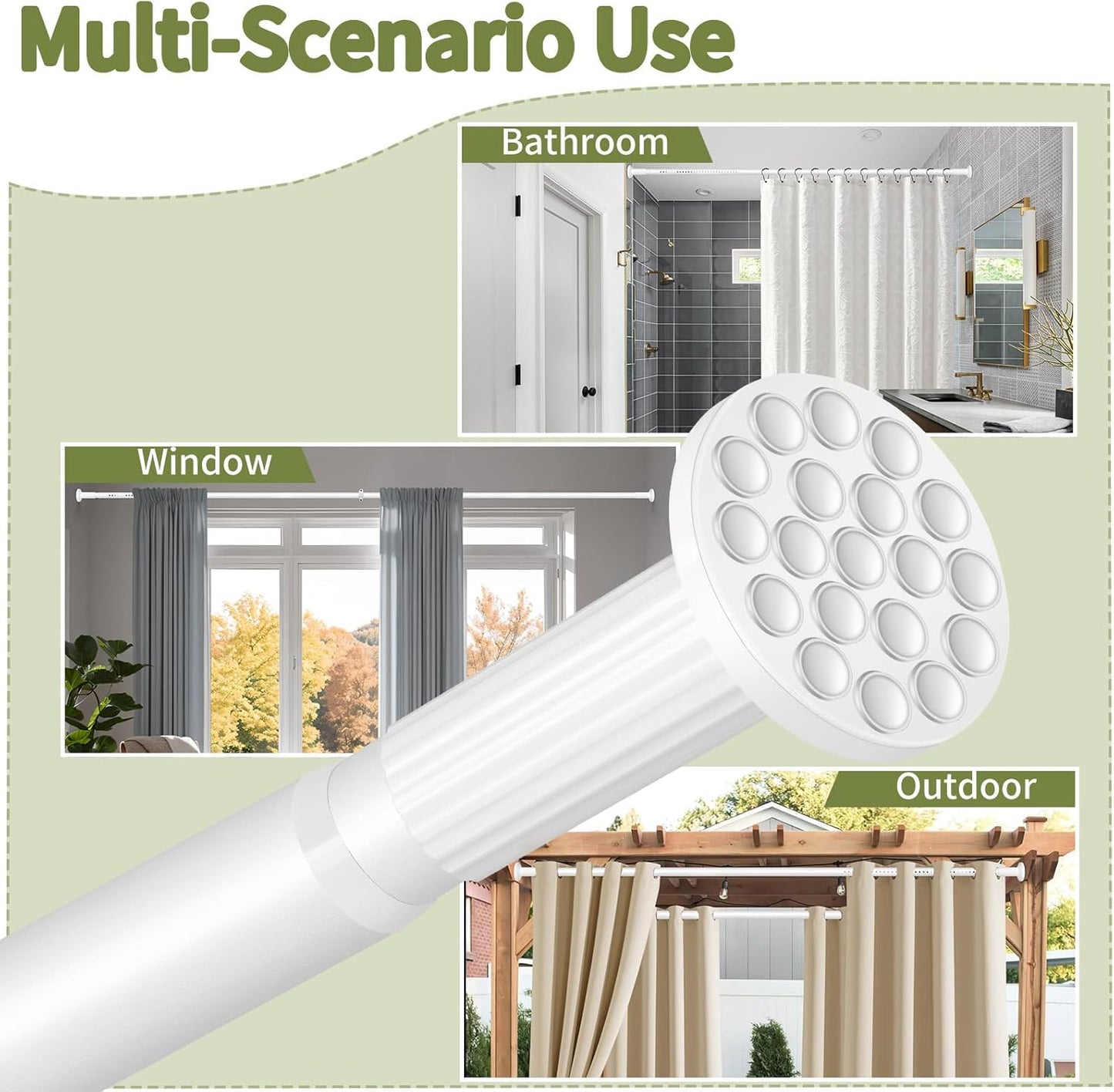 White Tension Curtain Rod 51-165In, Long Adjustable Tension Rods No Drilling for Window or Bathroom, Outdoor Curtain Rods for Patio, Easy to Install, Never Rust, Rod Diameter 1.26 Inches-White