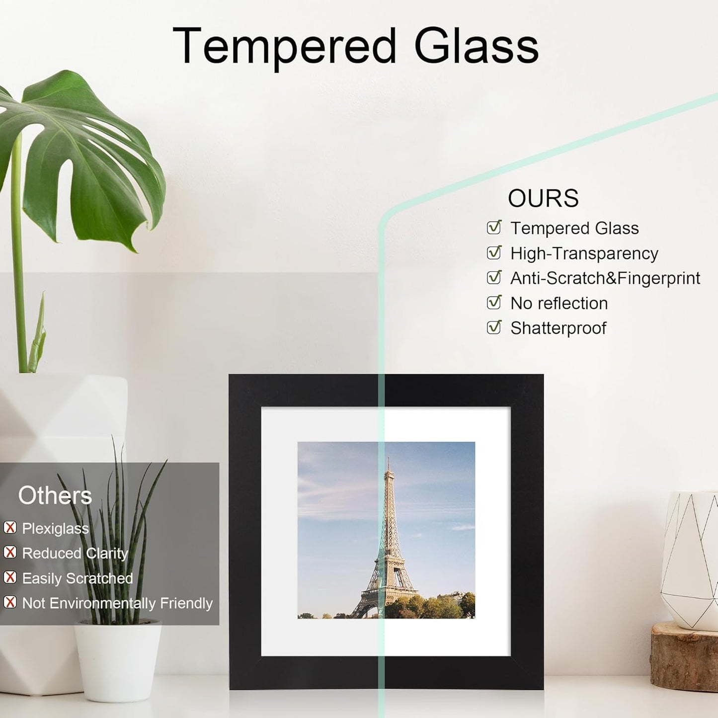 iRahmen 8x8 Picture Frame with HD Tempered Glass, Display Pictures 6x6 with Mat or 8 x 8 Without Mat, Wood Photo Frames for Tabletop and Wall Mount (Black, 1 Pack)