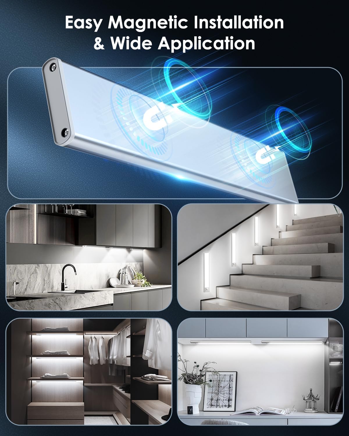 5-Pack 14“ Under Cabinet Lighting, Upgraded 3200mAh Rechargeable Under Cabinet Lights Wireless, LED Motion Sensor Light Indoor Closet Lights Under-Counter Light Fixtures for Kitchen, Hallway, Pantry