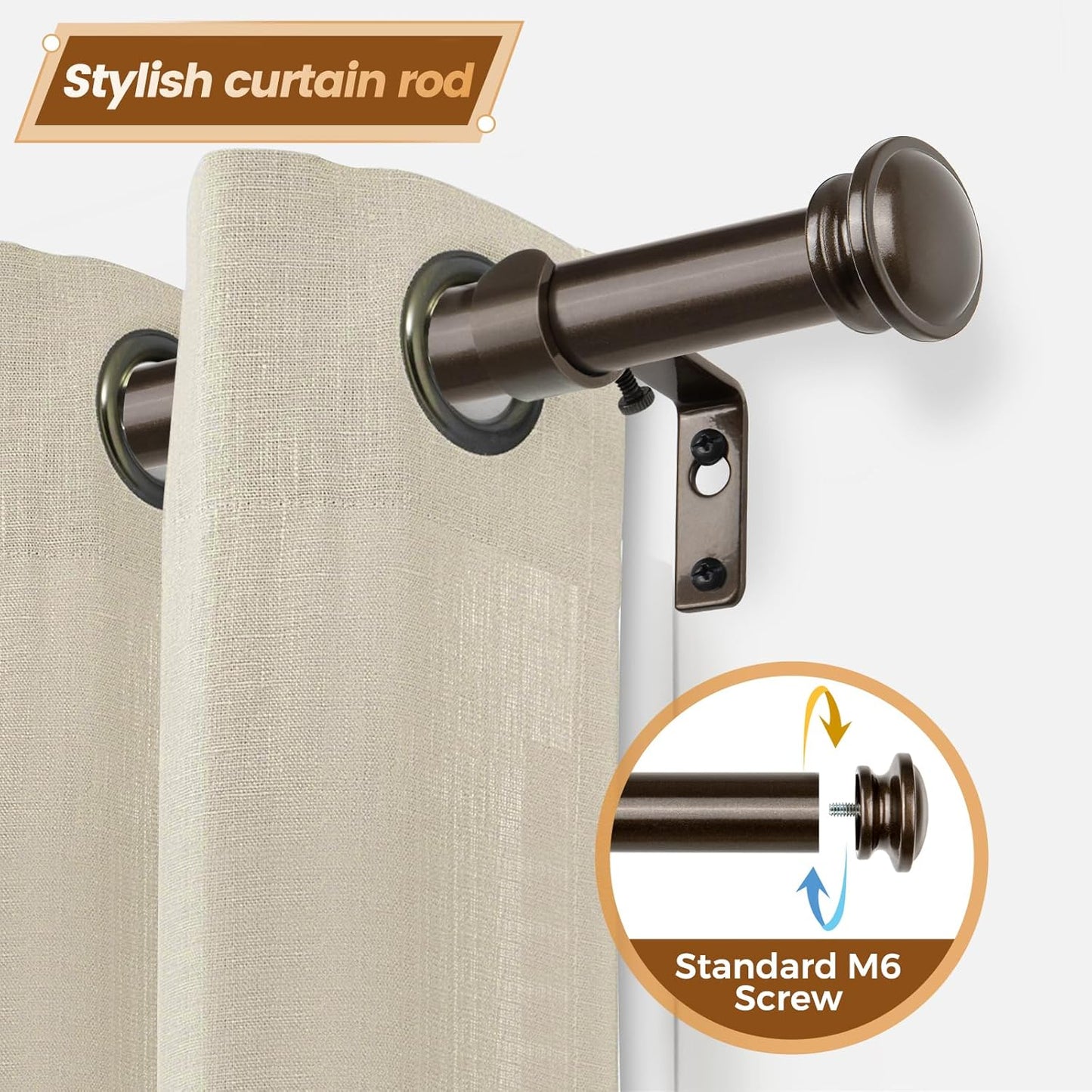 TONIAL Curtain Rods 32 to 86 Inch(2.6-7.2ft), Telescoping Splicing 3/4 Drapery Rods for Windows 54 to 82 Inch(4.5-6.8ft), Decorative Single Rod with Small Cap Finial, Bronze