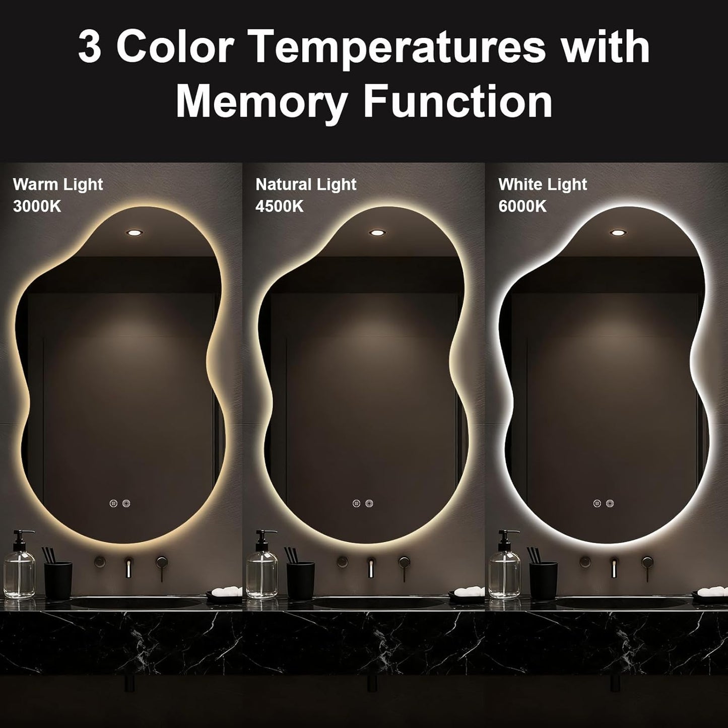 Asymmetrical Lighted Mirror for Bathroom,Modern LED Vanity Mirror with Backlit,Fog-Free,Tri-Color Dimmable Lighting with Memory Function,Hardwire Ready [Horizontal/Vertical] 48" H x 30" W