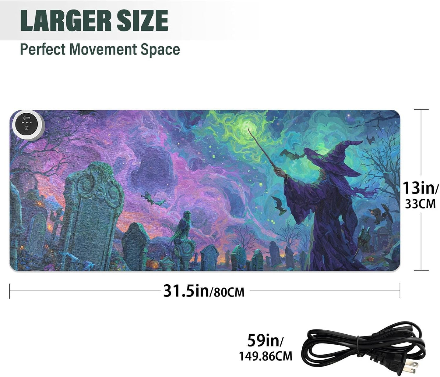 Heated Desk Pad Mouse Pad 31.5x13 Inch PU Leather Desk Mat with 3 Heat Levels Large Mouse Gaming Computer Laptop Mat Halloween Graveyard Purple