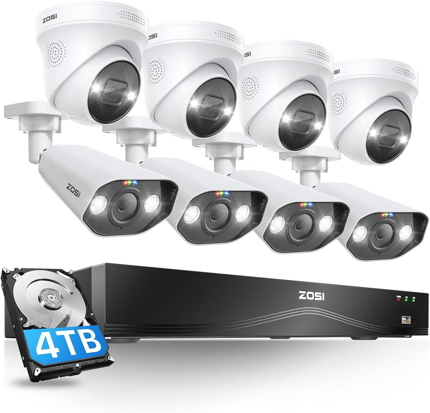 ZOSI 32CH 4K PoE Security Camera System,8pcs 8MP Indoor Outdoor IP Cameras,Person Vehicle Detection,2 Way Audio,Color Night Vision,Siren Alarm,16 Port 32 Channel NVR with 4TB HDD for 24/7 Recording