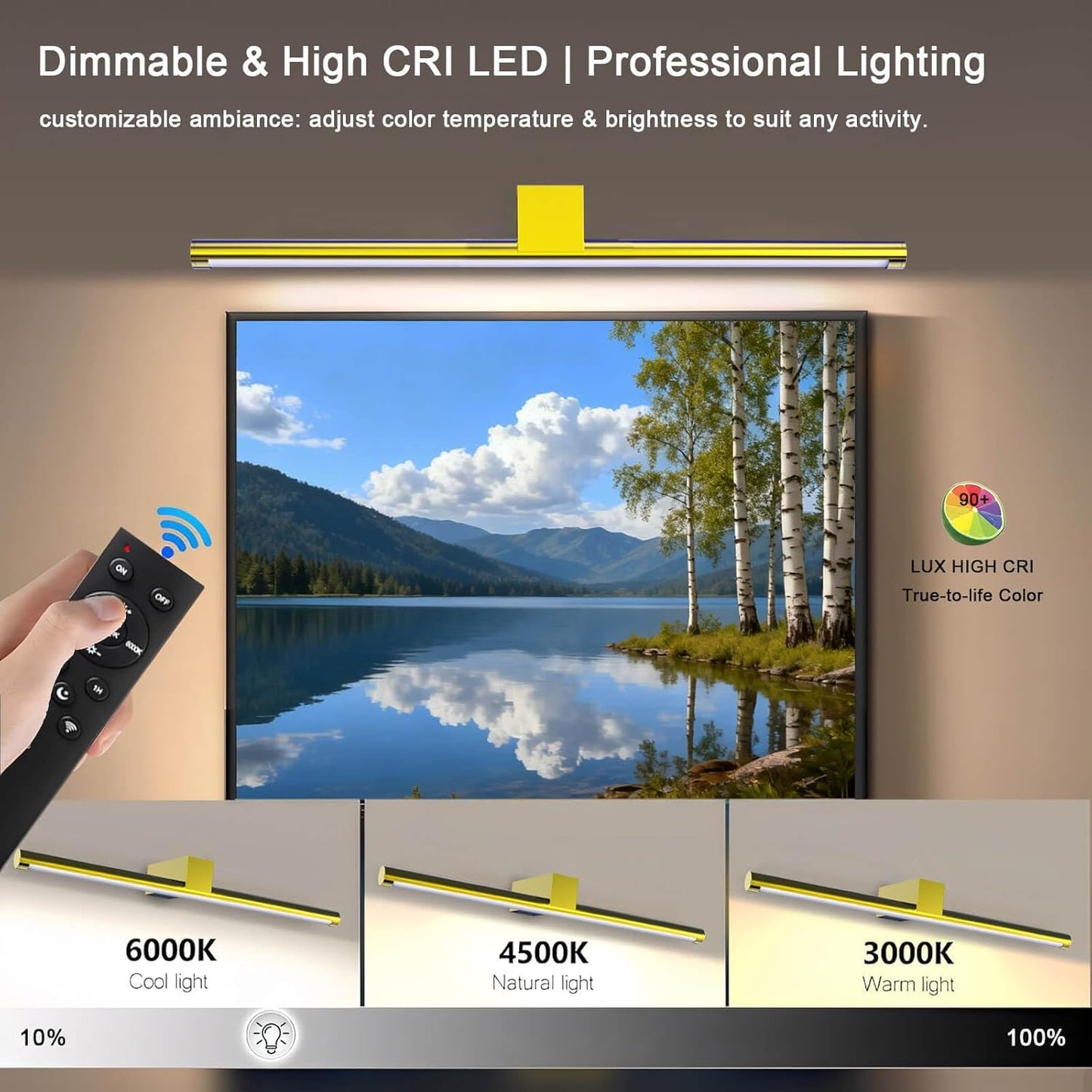 Picture Lights for Wall Battery Operated, Rechargeable Wireless Lights for Pictures on Wall with 3 Color Dimmable Remote for Painting Gallery Dartboard Poster Bedroom Frame Art Decor - Gold 16 inch