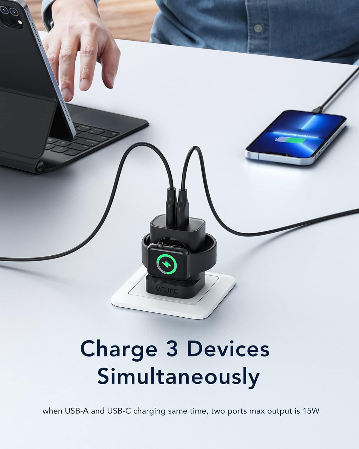 VRURC Charger for iPhone & Apple Watch, 20W USB C Fast Charging Block, 3-in-1 Compact Travel Adapter with 2 Port for iPhone 17/16/15/14/13, Wireless Magnetic for iWatch SE/11/10/9/8/7/6/5/4-Black