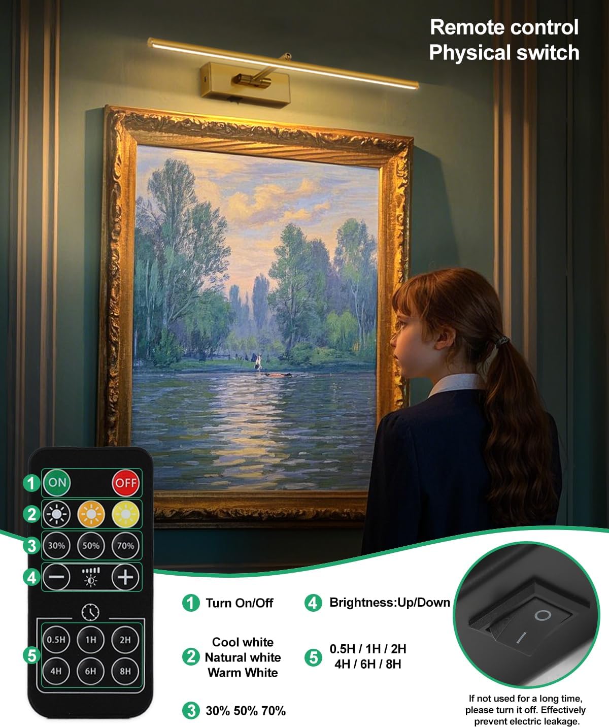 Battery Operated Picture Light with Wireless Remote 3CCT Dimmable Gold Wall Art Lights for Paintings 3 Color Rechargeable cordless decor Gallery Light 24’‘ Artwork Lighting for Canvas Timer Function