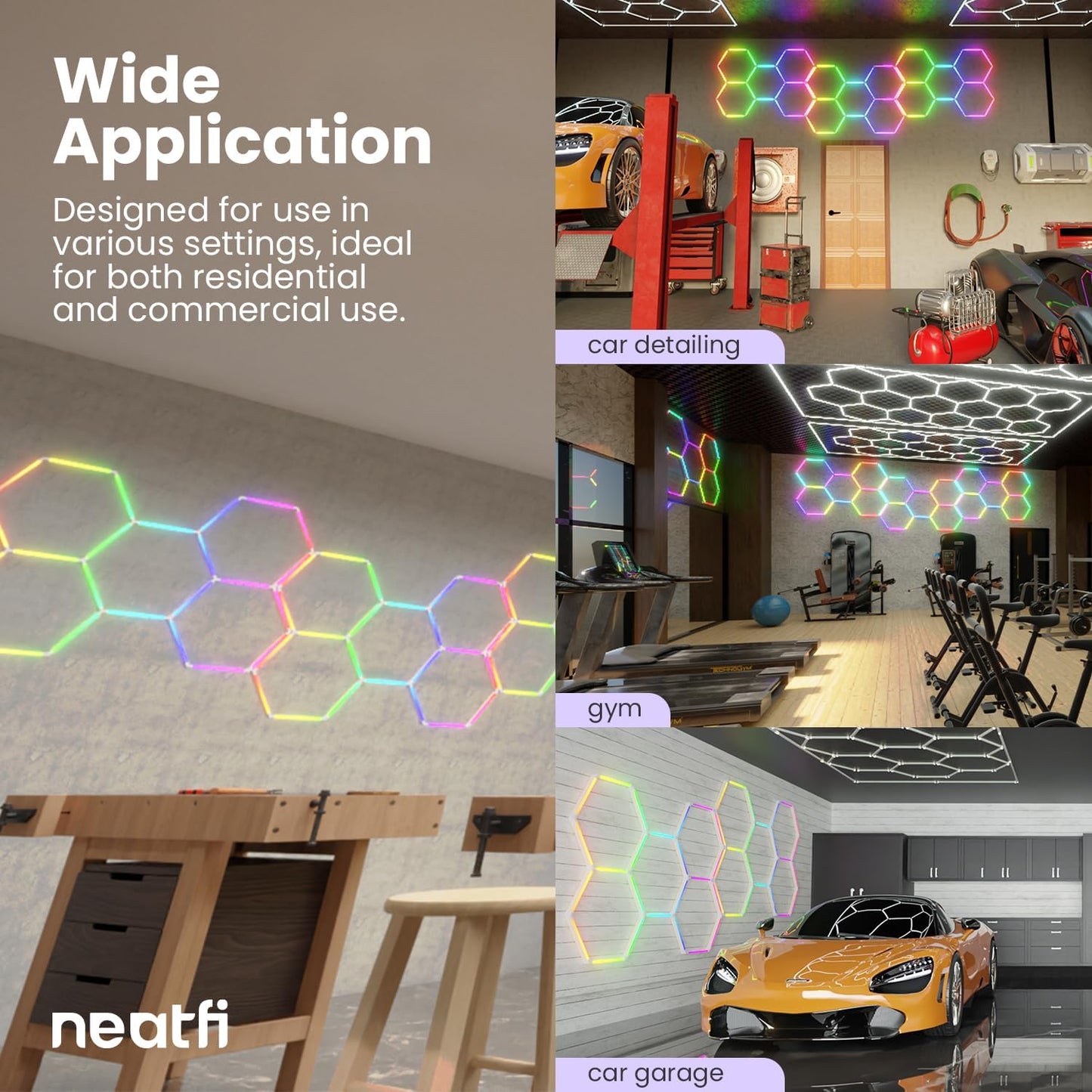 Neatfi LED Hexagon Garage Lights, 43.2W, Honeycomb Ceiling Light for Auto Shops, Car Detailing, Workshop, Gym, Basement, Warehouse, Barber Shop and Beauty Salons (5 Hex Grids, RGB)
