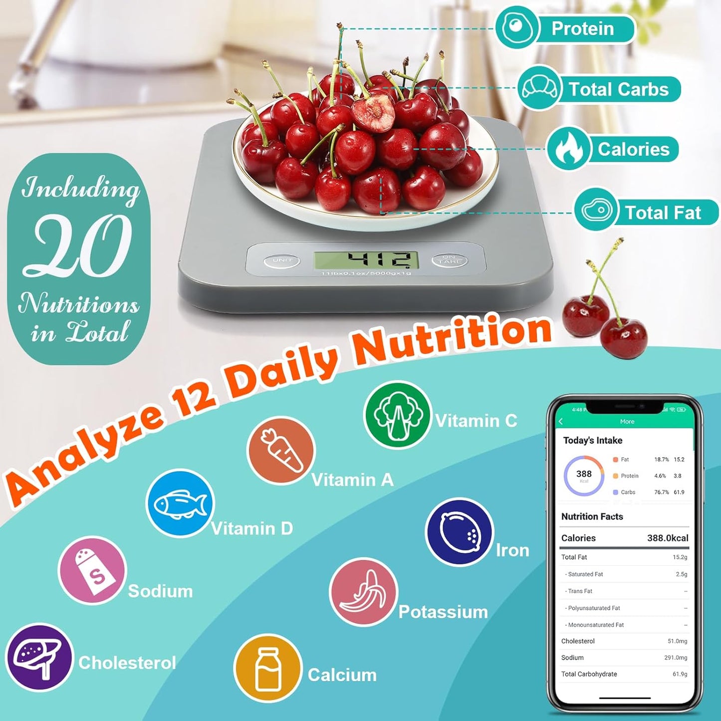 Smart Food Scale for Calorie Counting, Digital Food Scale with Nutritional Calculator, Bluetooth Food Weight Scale for Weight Loss, Diabetics, Macro, Diet, Baking 3g-5kg, 0.1oz