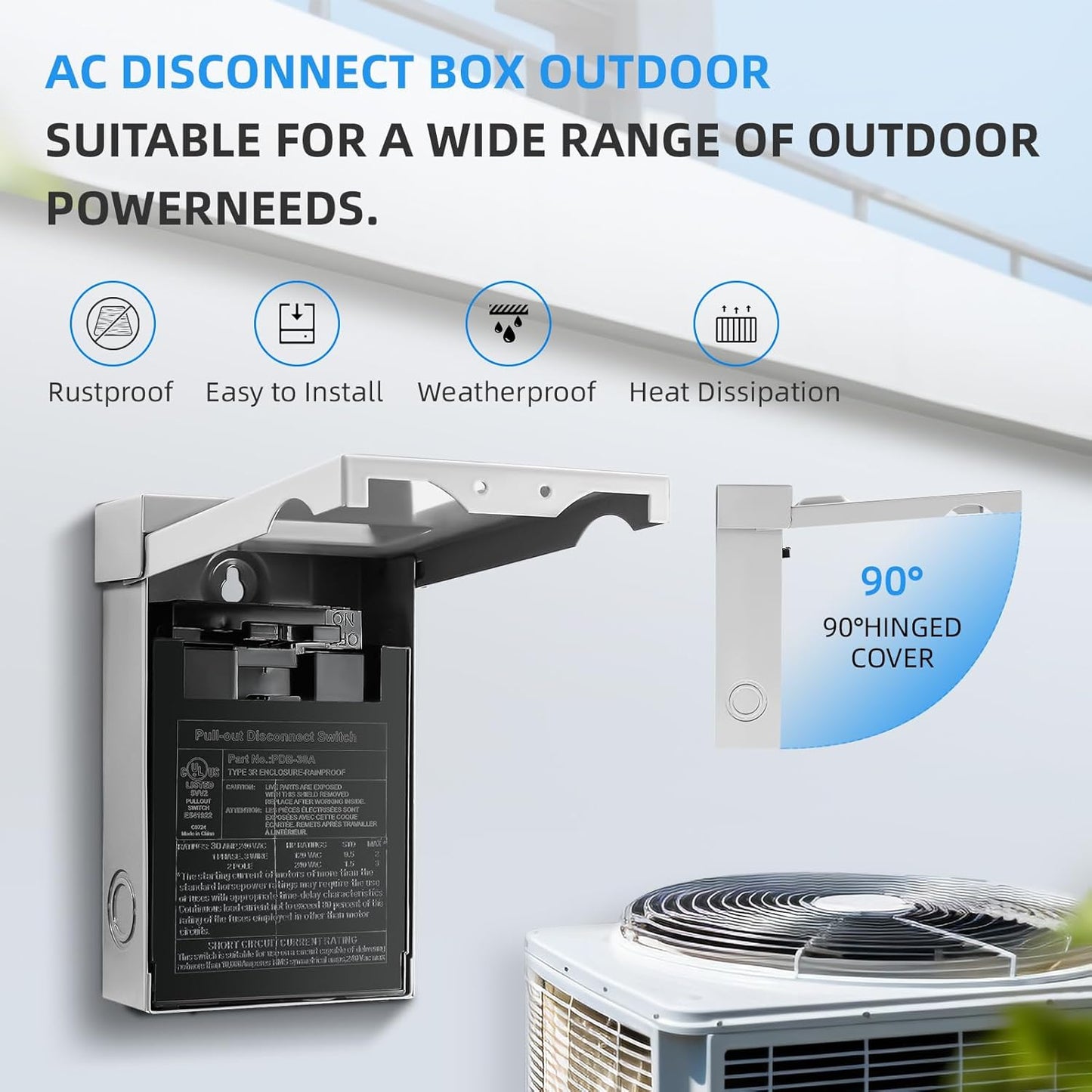 60 Amp AC Disconnect Switch Outdoor 120/240VAC Pull Out Switch Waterproof Metal Box for Air Conditioning Non-Fused