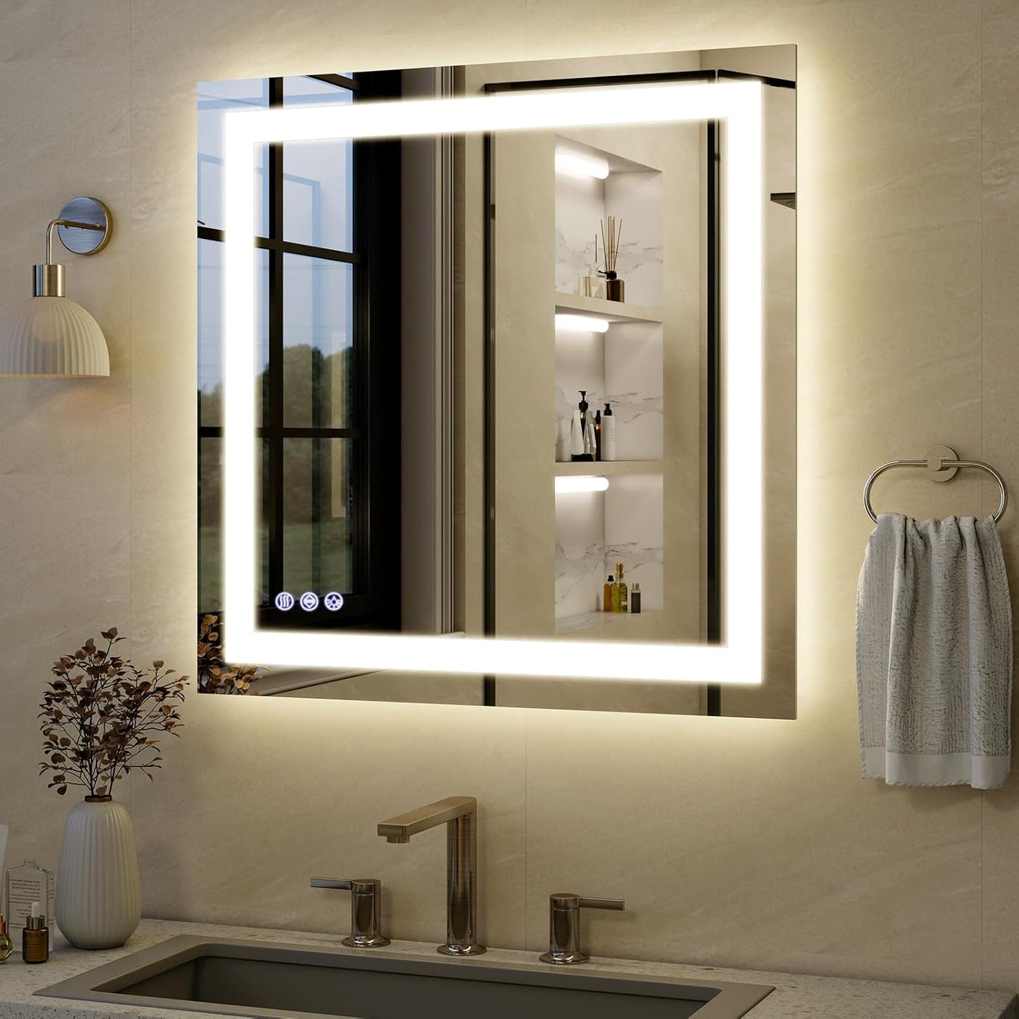 VooBang Bathroom Mirror with Lights 40 x 40 inches - 3 Adjustable Lighting Modes LED Bathroom Vanity Mirror, Anti-Fog, Memory Function, Tempered Glass, Wall Mounted Horizontally Vertically