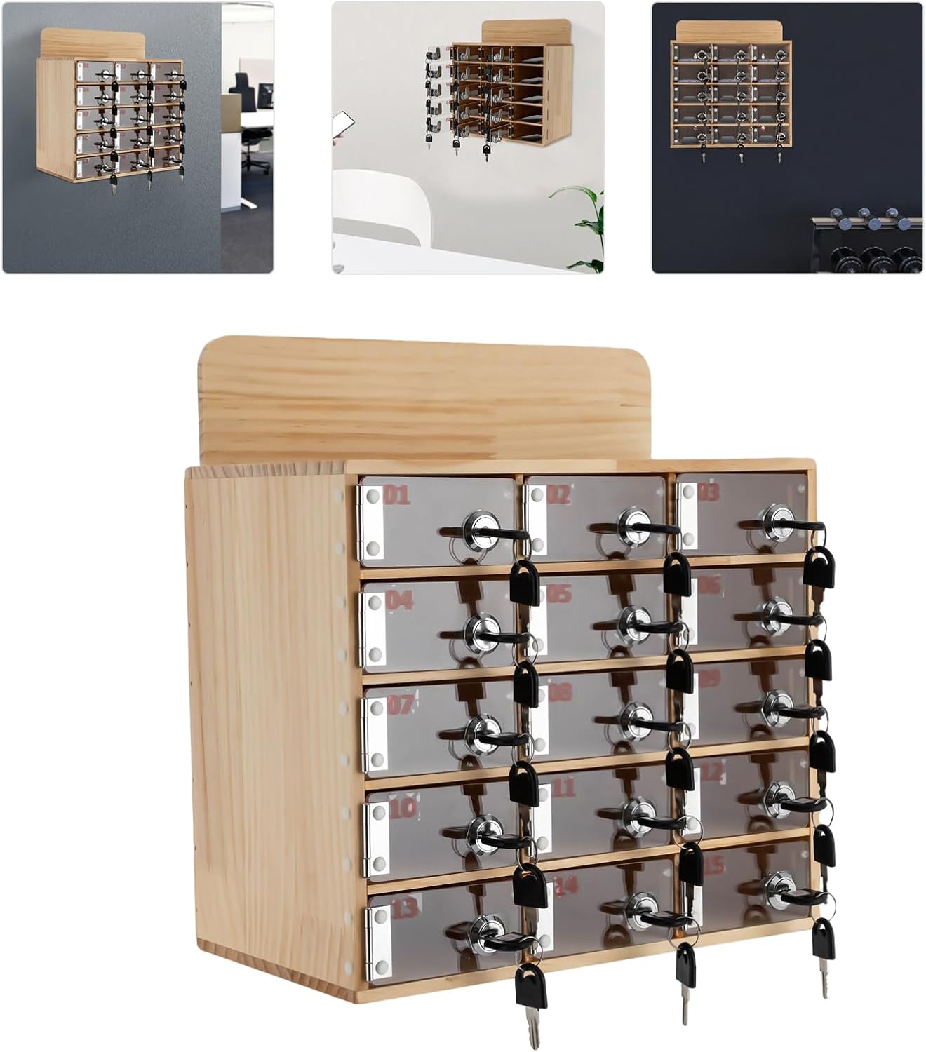 15 Slot Lockable Cell Phone Locker Box, Wall-Mounted/Freestanding Clear Acrylic & Wood Cell Phone Storage Cabinet with Door Locks and Keys for Classroom, Office, and School Employees