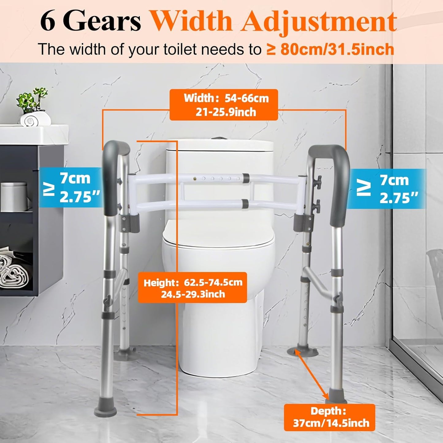 Toilet Safety Rails for Elderly, Adjustable Handicap Toilet Seat with Handles, Sturdy Toilet Support Frame with Arms for Seniors and Disabled