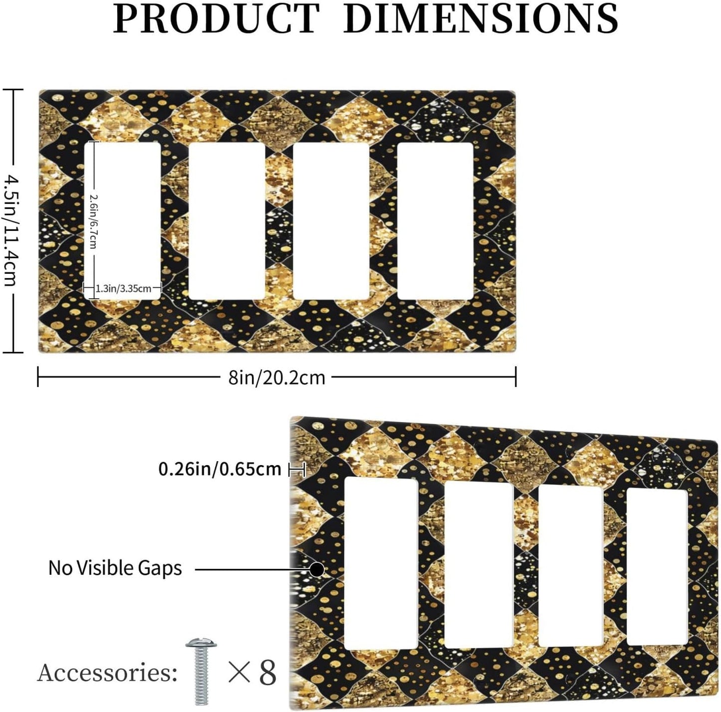 Gold Black Marble Geometric Plaid Glitter Wallplates 4 Gang Quad Rocker Decorative Light Switch Covers Electrical GFCI Faceplate Switch Plate for Bedroom Bathroom Decor