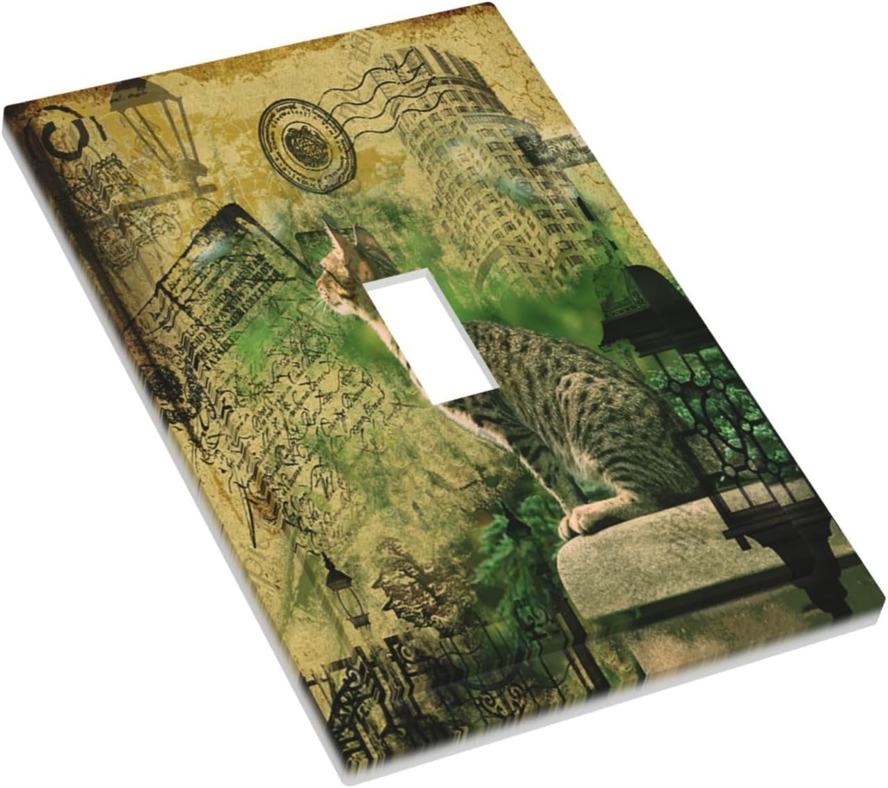 Decorative Light Switch Cover Plate Vintage Style Cat City Stamp 1 Gang Single Toggle Wall Plate Electrical Outlet Covers Decorate Switch Plate Cover for Bedroom Home Decor