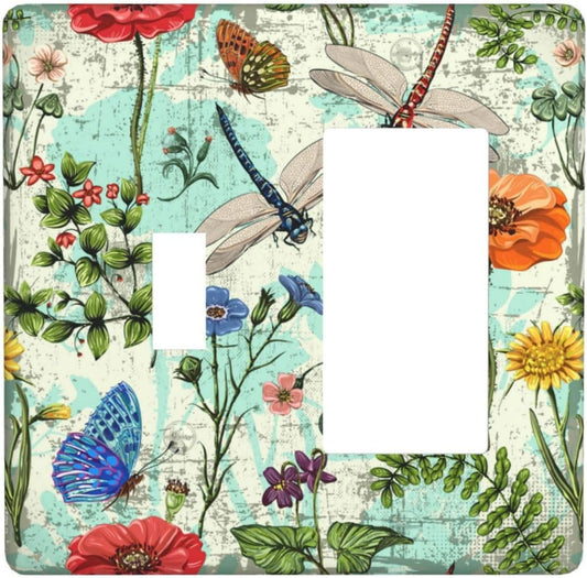 Dragonflies Flowers Butterfly 1 Toggle 1 Rocker Outlet Light Switch Cover Decorative Wall Plate Cover For Home Living Bedroom Kitchen Decorative