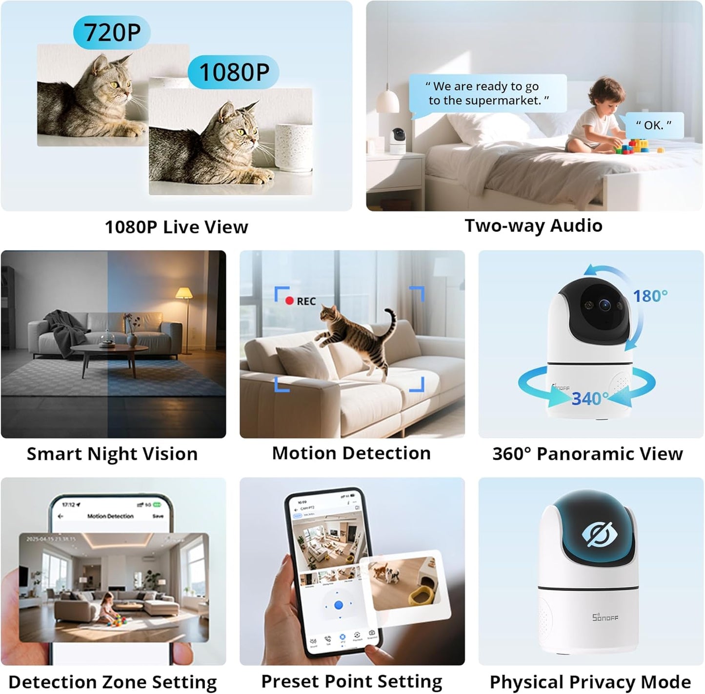 SONOFF Indoor Security Camera 1080P, CAM-PT2 Pan Tilt WiFi Camera with 360° View, Motion Tracking, Color Night Vision, 2-Way Audio, Privacy Mode, Compatible with Alexa & Google Home