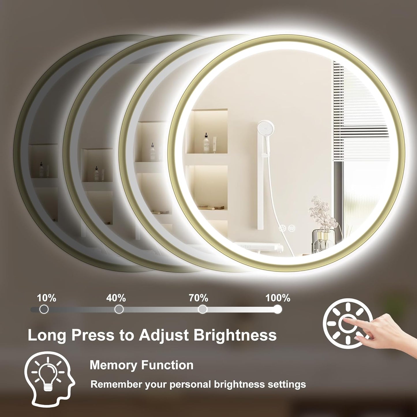 S'bagno 24'' Round Gold LED Mirror for Bathroom with Frontlit & Backlit, LED Vanity Mirror with Metal Frame, Anti-Fog, Stepless Dimmable, 3 Colors Temperature