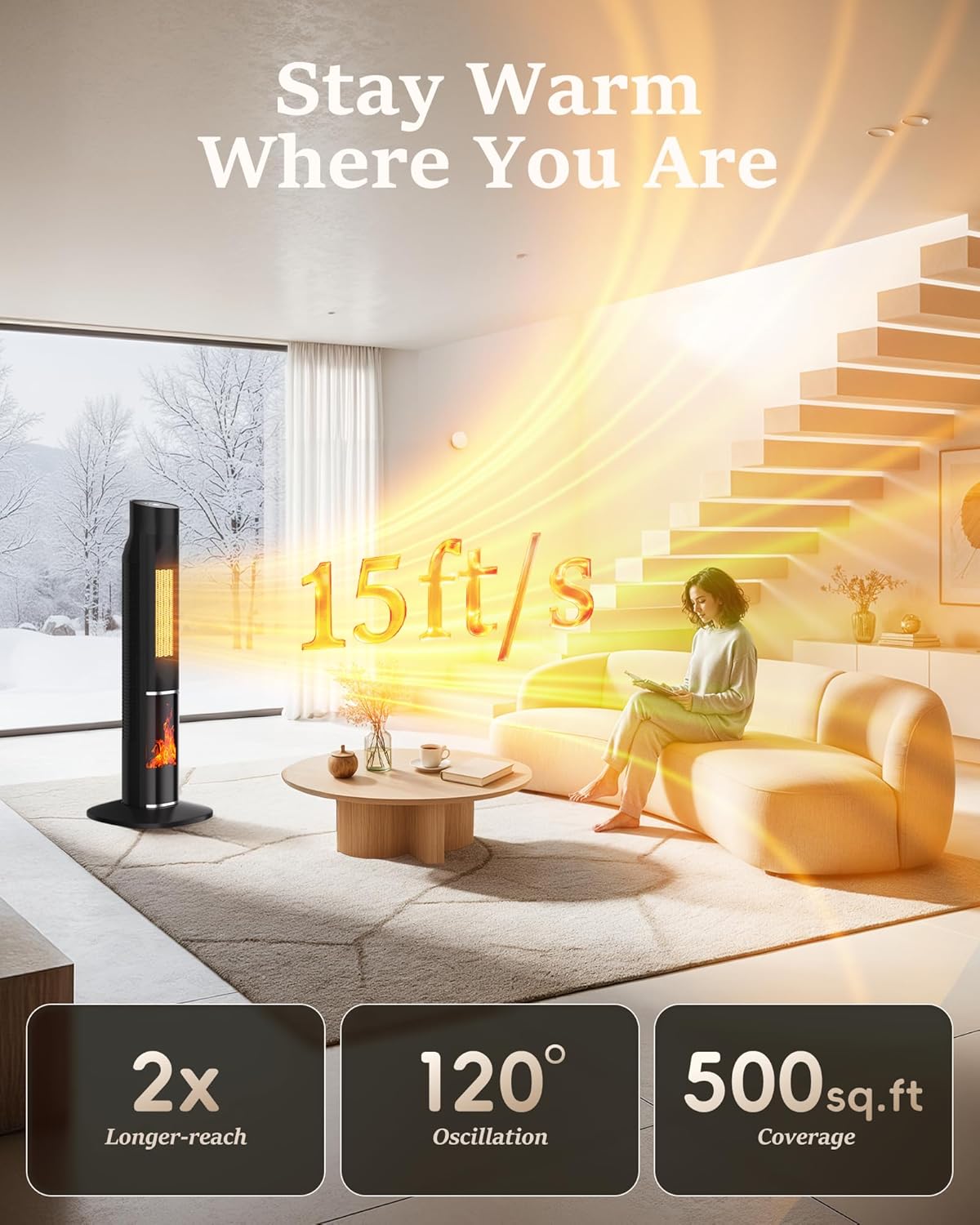 MEPTY 1500W Portable Space Heater Large Room, Electric Space Heaters for Indoor Use with 120° Oscillation, 24H Timer, ECO Mode, 3D Flame, Energy Efficient, Tower Heaters for Office, Bedroom