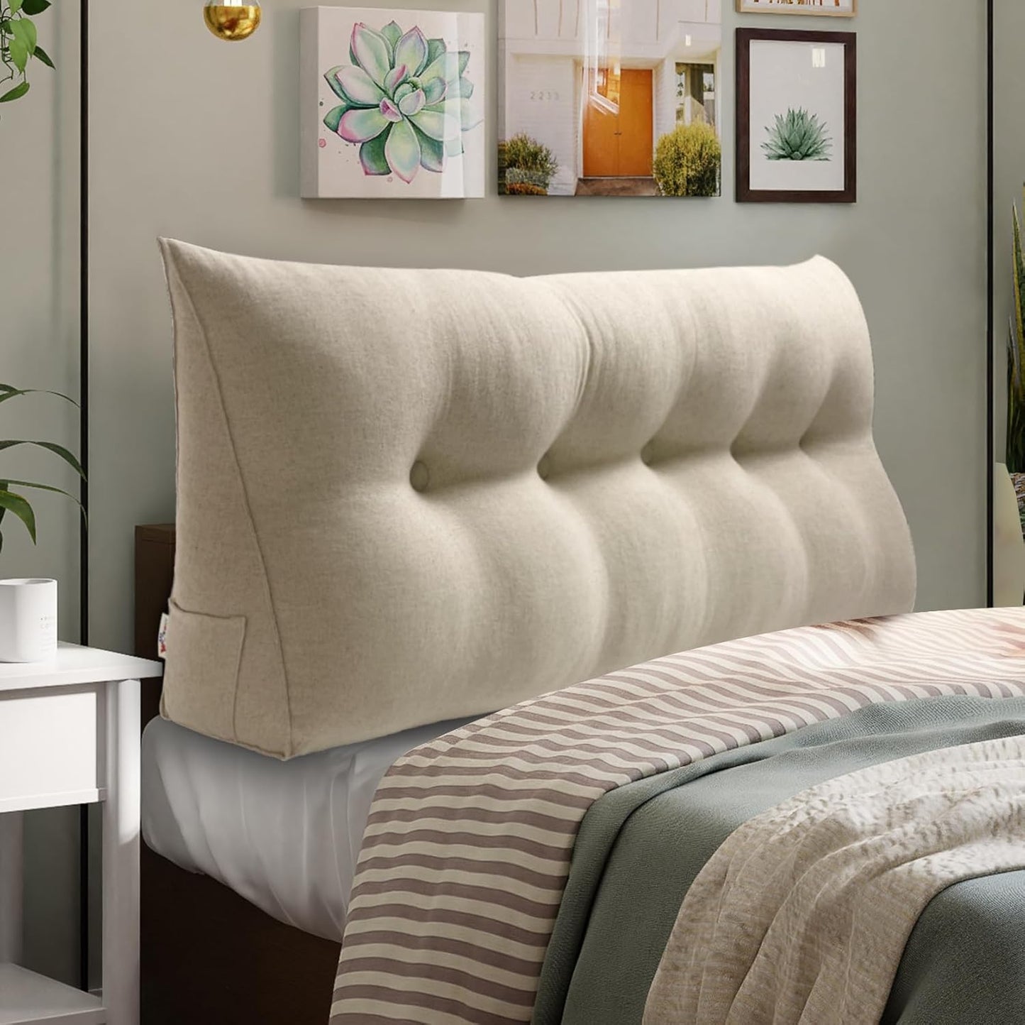 WOWMAX Headboard Pillow Queen Triangular Bed Wedge Pillow for Headboard Wedge Pillow Headboard for Daybed Bunk Bed Large Bolster Pillow for Bed with Removable Cover, 85% Linen 15% Cotton Blend