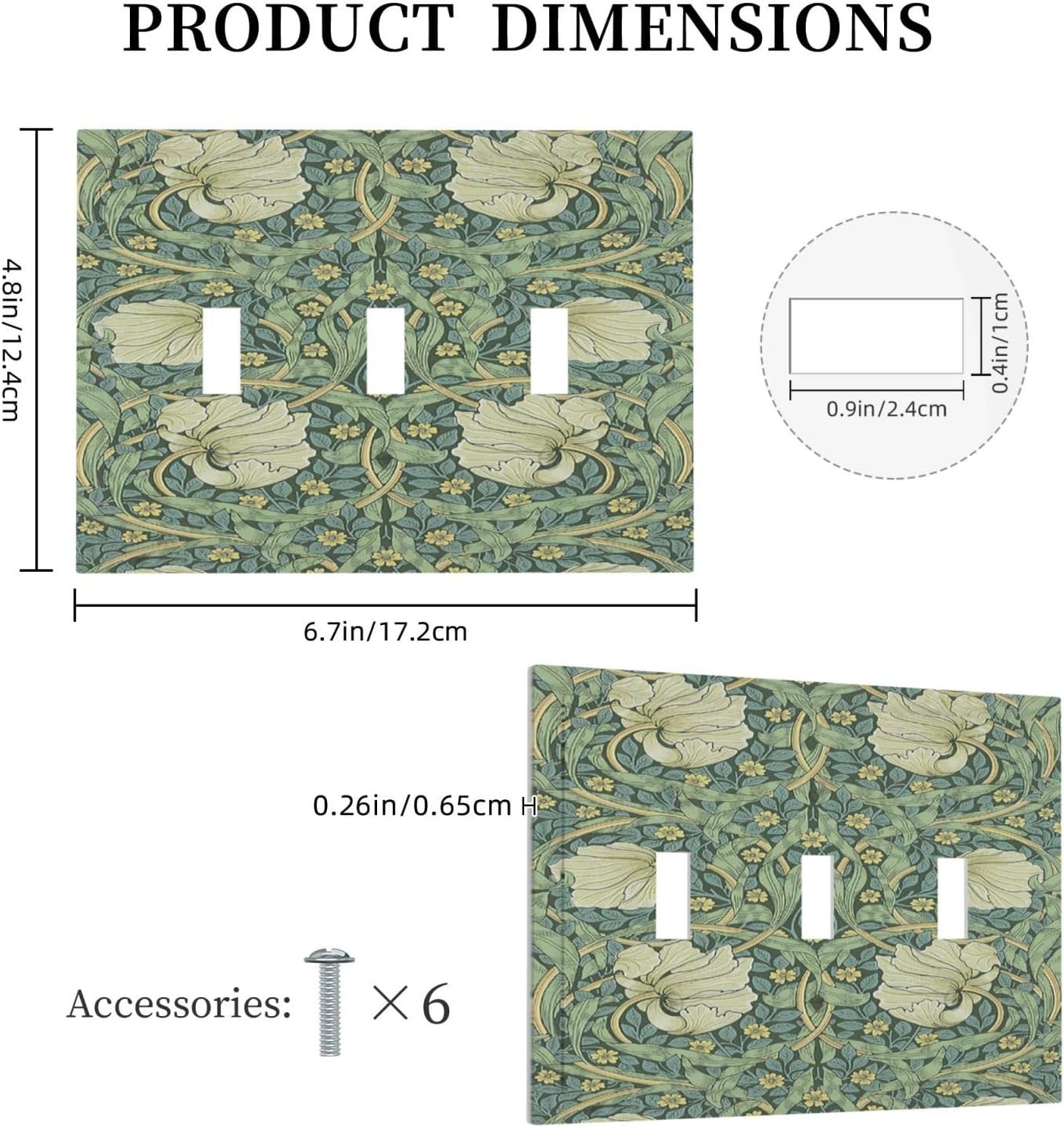 Decorative Switch Plates Vintage Floral Plant Sage Green William Morris 3 Gang Wall Plate Faceplate Triple Toggle Light Switch Cover Electrical Wall Panels for Bedroom Home Decor