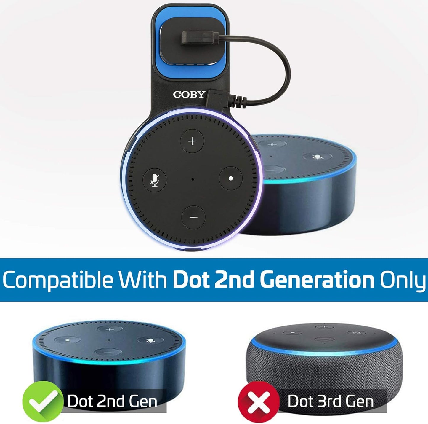 Coby Wall Mount for Echo Dot 2nd Generation, Smart Speaker Holder with Built-in Cable Management, 7.75" USB Charging Cable, Space-Saving Alexa Mount for Kitchen, Bedroom, Office, Bathroom