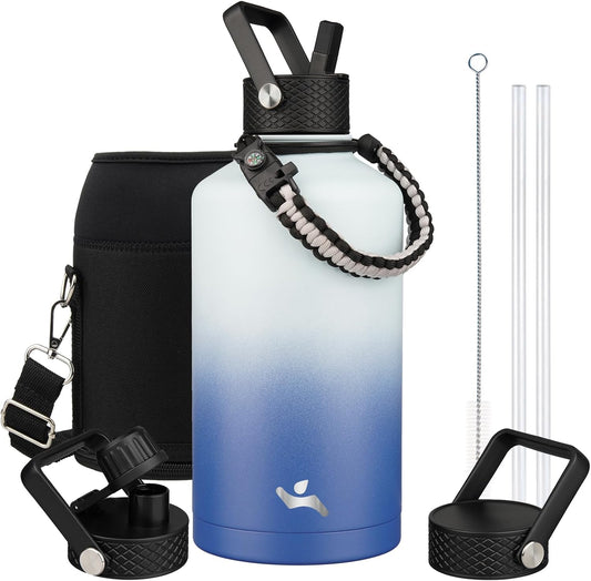 Insulated Water Bottle with Straw,87 oz 3 Lids Water Jug with Carrying Bag,Paracord Handle,Double Wall Vacuum Stainless Steel Metal Flask,Sky