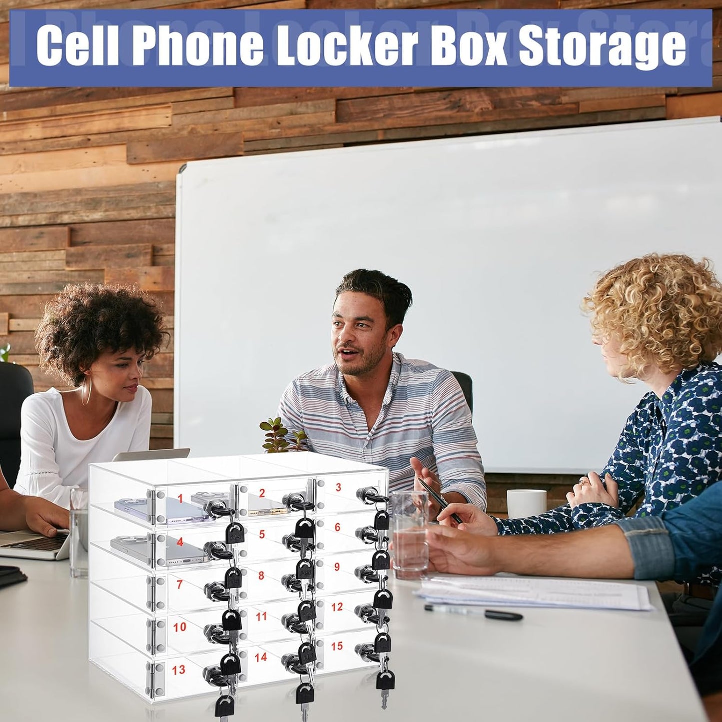 Layhit 15 Slots Cell Phone Locker Box for Classroom Clear Acrylic Cell Phone Storage Cabinet Bin with Door Locks for Classroom School Students Office Factory Employees