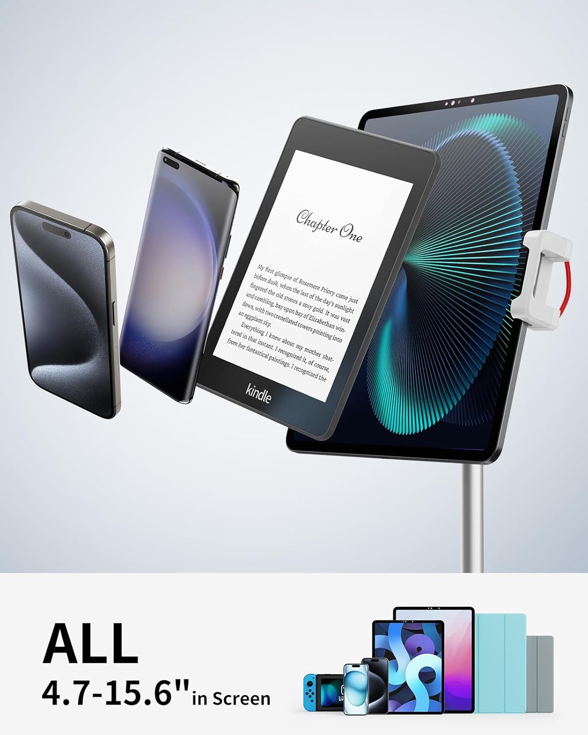 SAIJI Tablet Stand Holder, Extra-Height Adjustable Kindle Stand, 360 Degree Rotating iPad Holder, Aluminum Alloy Cradle Mount Dock for 4.7"-15.6" iPhone, Samsung, Tablets, Portable Monitor (Silver)