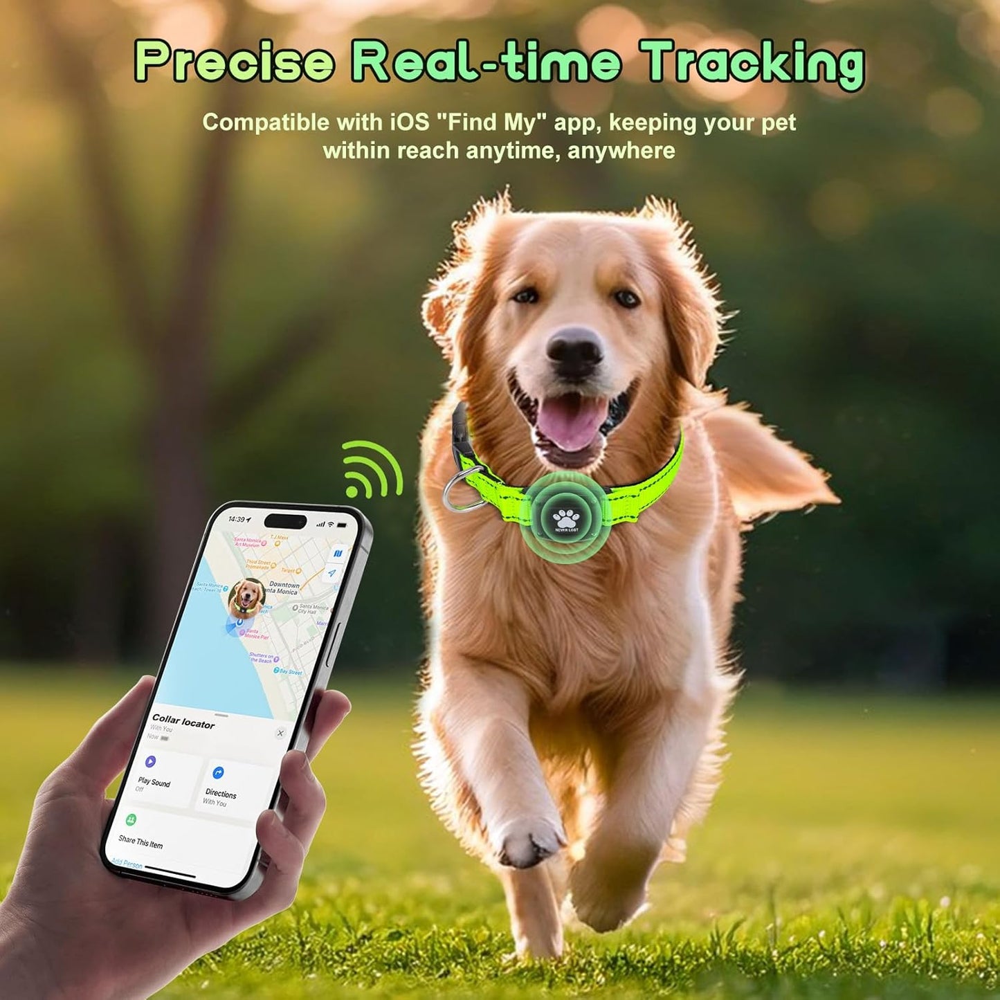 GPS Dog Collar Tracker 2-in-1,Reflective Waterproof Pet Collar,iOS-Only,No Monthly Fees,Unlimited Range,Ideal for Dog Tracking pet Tracker,for Small Medium Large Dogs(L (16.6"-24"), Green)