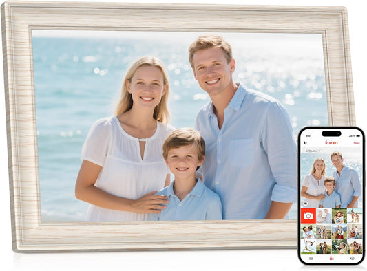 Frameo 10.1" WiFi Digital Picture Frame with 32GB Memory, 1280 x 800 IPS HD Touch Screen Electronic Photo Frame, Auto-Rotate, Slideshow, Share Photos/Video Remotely Anywhere White Wood Grain