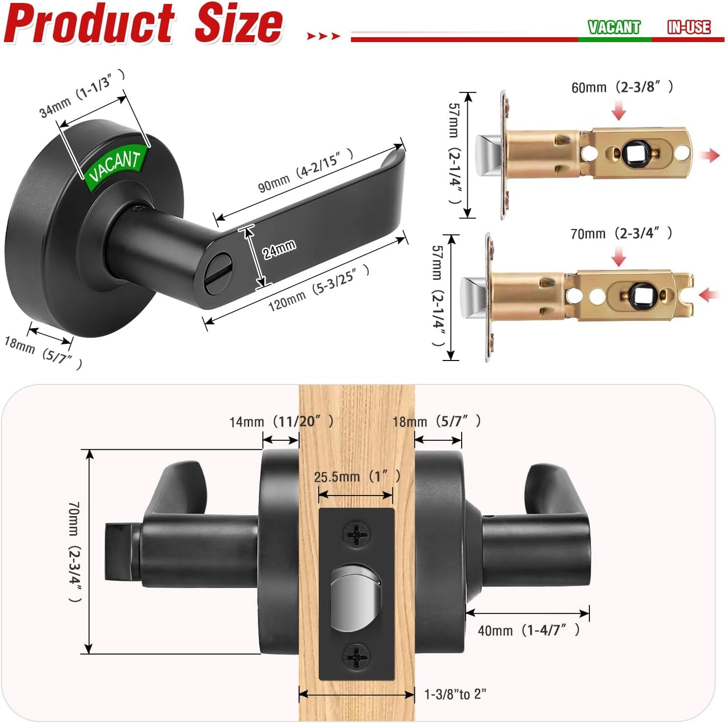 Bathroom Indicator Privacy Door Lock, Vacant Occupied Bathroom Lock, Large Vacant or in-Use Door Handle for All Women Men Restrooms, Ansi Grade 2 Commercial Grade, Black