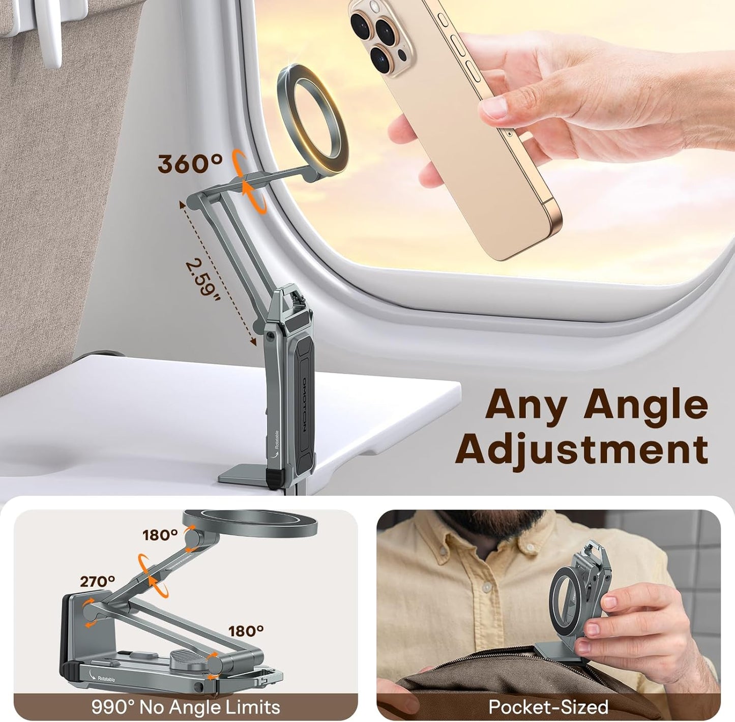 OMOTON 360°Rotating for MagSafe Tripod Mount, Adjustable Aluminum Magnetic Phone Tripod for iPhone 17/16/15/14 Pro Max Air, Foldable Cell Phone Stand Fits Vlog, Gym, Travel Essentials, Gray