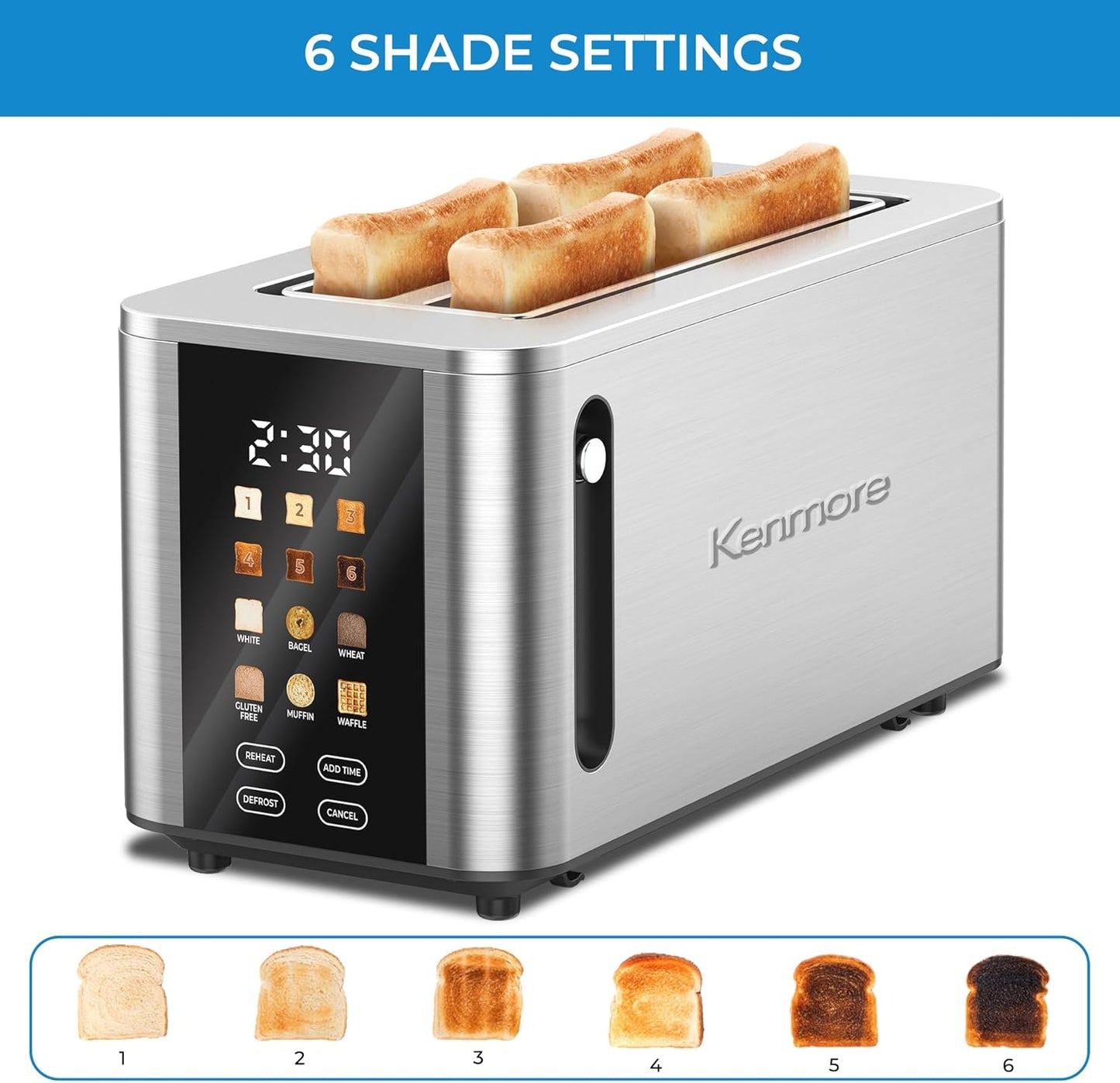 Kenmore 4-Slice Long Slot Toaster | Color Touch Screen & 6 Shade Settings | Extra Wide Slots | Digital Timer | Customizable Smart Presets | Reheat, Defrost, Add Time Functions | Stainless Steel