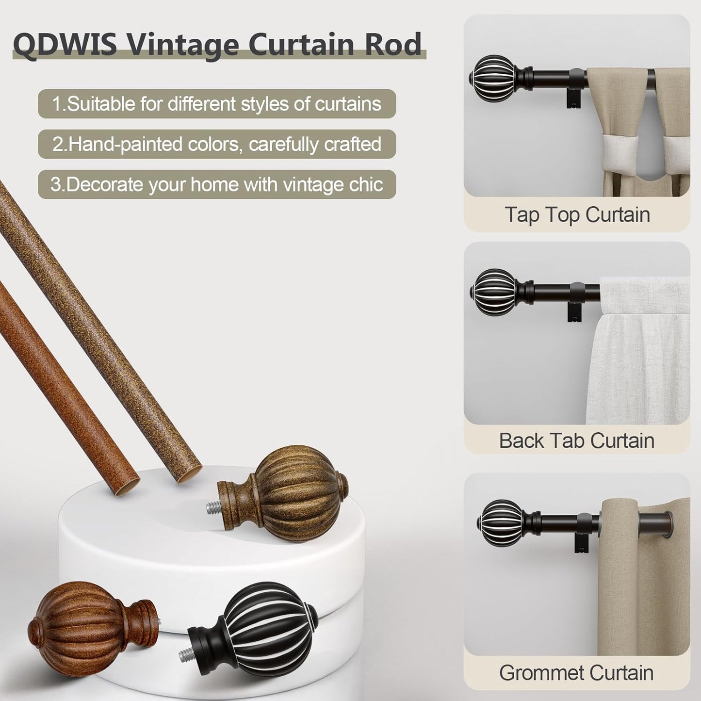Black Curtain Rods for Windows 28 to 48 Inch, 1'' Adjustable Heavy Duty Curtain Rod，Vintage Decorative Drapery Rods with Pumpkin Finials for Bedroom Living Room
