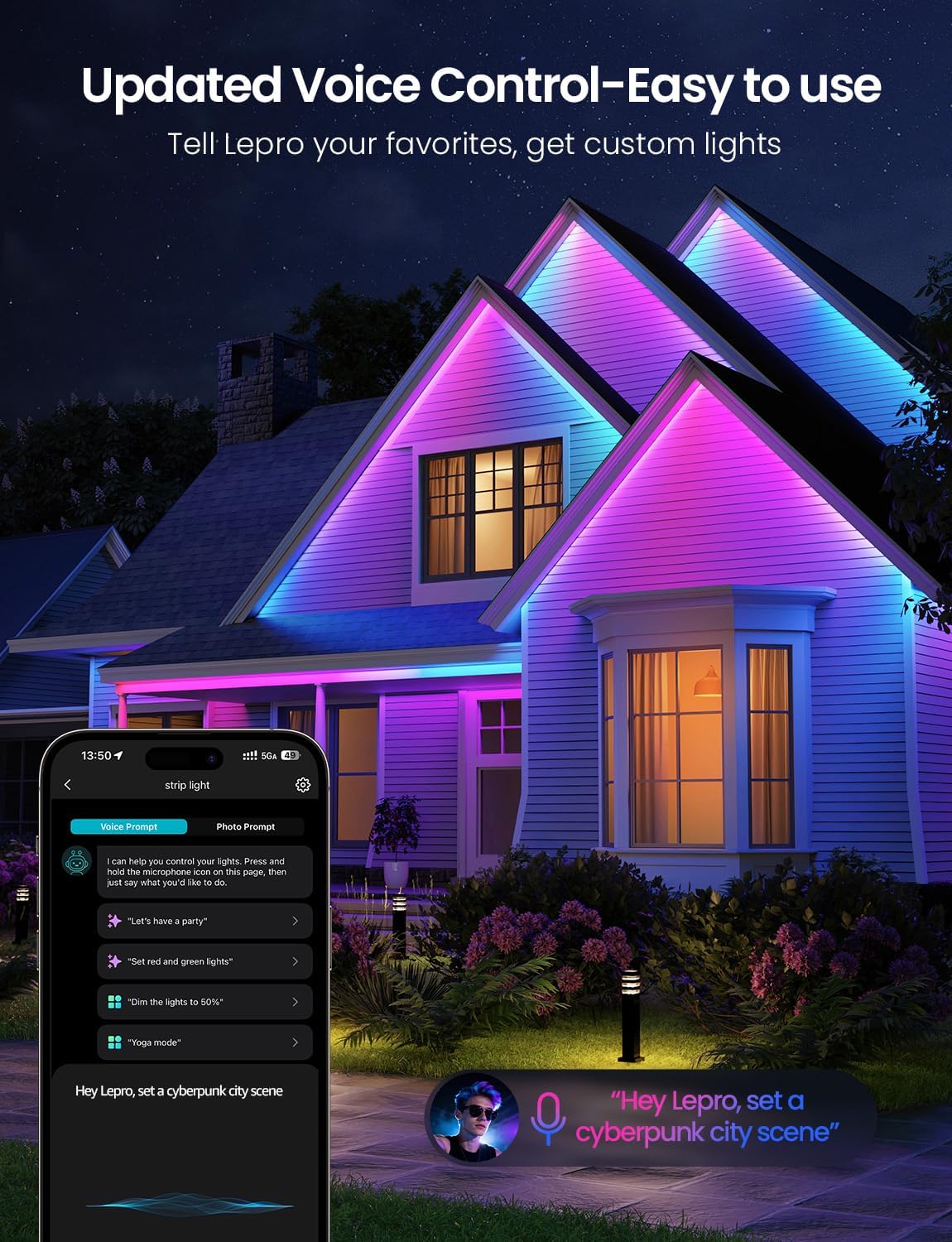 Lepro SW1 AI Smart Outdoor LED Strip Lights - 32.8ft IP65 Waterproof RGBCW Light Strips, 2700K-5700K Tunable Warm White, APP Control(No Remote), 2.4G Wi-Fi Lights for Holiday Decor, House, Porch, Eave