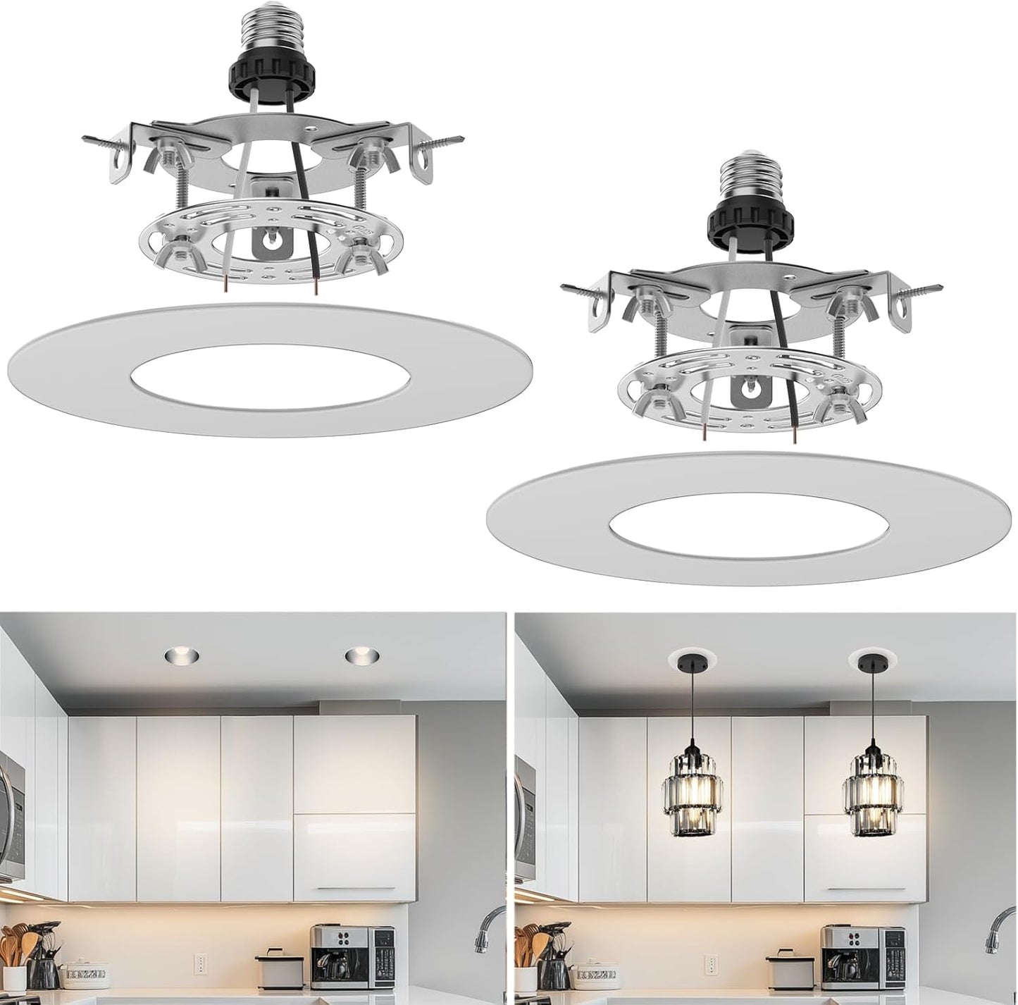 Recessed Can Light Conversion Kit for 5" and 6" Ceiling Fixtures - Pendant/Hanging Light Upgrade, Compatible with Ceiling Fans, Includes 7¾" Flat Steel Medallion, White Finish,2 Pack