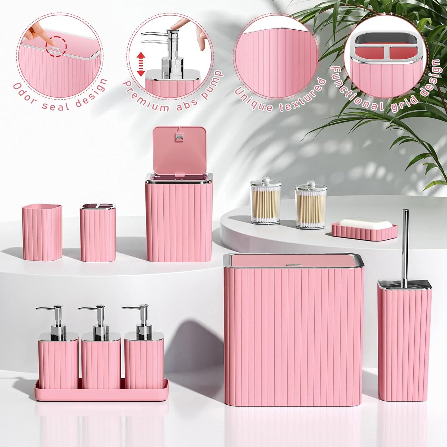 Bathroom Accessory Set - Bathroom Set, 27PC Bathroom Accessories Set, Pink Bathroom Sets with Shower Curtain and Rugs, Mini Trash Can, Toilet Brush, Trash Can & Soap Dispenser