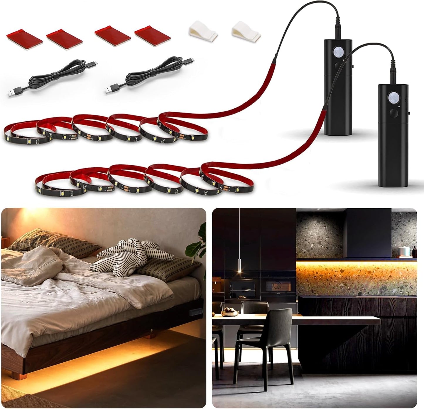 WOBANE Rechargeable Motion Sensor Strip Light, LED Closet Lights, Upgraded Battery Operated LED Strip Light for Wardrobe,Stair,Pantry,Cabinet,Cupboard,Bed,Locker,2700K Warmwhite,Black,6.56ft,2 Pack