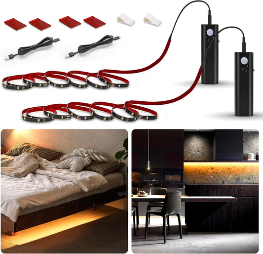 WOBANE Rechargeable Motion Sensor Strip Light, LED Closet Lights, Upgraded Battery Operated LED Strip Light for Wardrobe,Stair,Pantry,Cabinet,Cupboard,Bed,Locker,2700K Warmwhite,Black,6.56ft,2 Pack