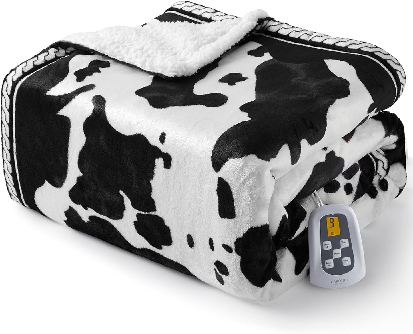CAROMIO Heated Electric Blanket Full Size, Cow Print Fast Heating Blankets with LCD Controller, 10 Heat Levels & 1-12H Time Settings, ETL Certified, Machine Washable, Black White, 72" x 84"