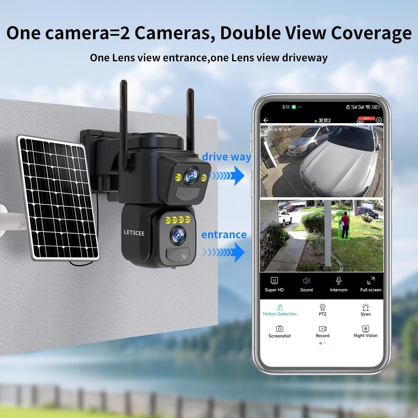 Dual Lens Security Cameras Wireless Outdoor，Solar Cameras for Home Security，Motion Detection,Night Vision,No Month Fee,IP65 Water Proof
